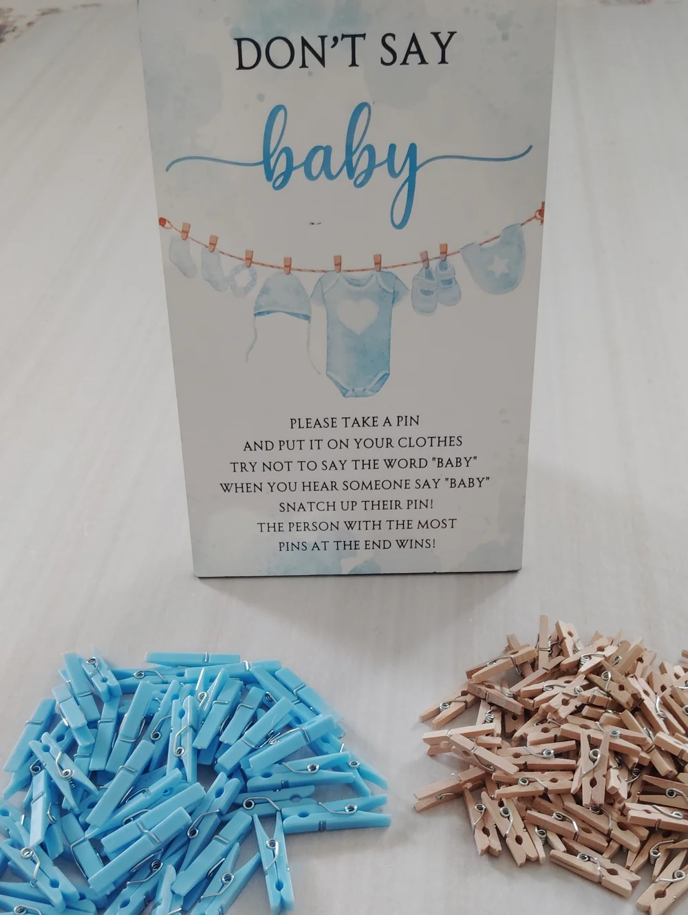 Baby Shower Game Sign and Blue Clothespin Set - Don’t Say Baby